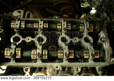 Open Car Engine In Repair In A Automobile Service Center
