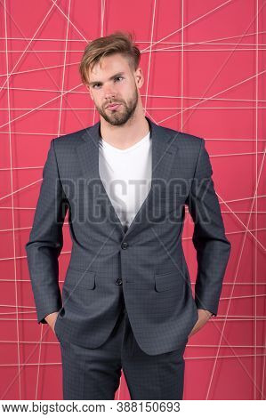 Man Well Groomed Manager Wear Elegant Formal Suit Pink Background. Manager Confident Wear Perfect Ou