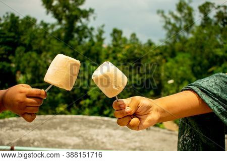 Children Holding Homemade Ice Cream By Their Hand In A Green Environment Under Cloudy Blue Sky In A 