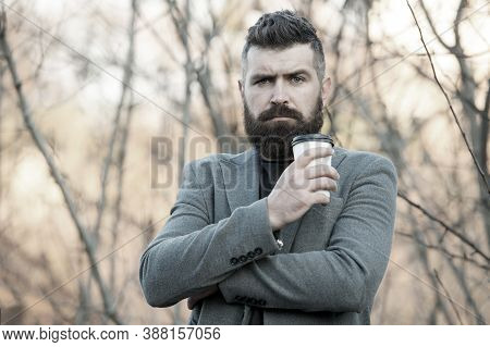 Drink It On The Go. Man Bearded Hipster Prefer Coffee Take Away. Businessman Drink Coffee Outdoors. 