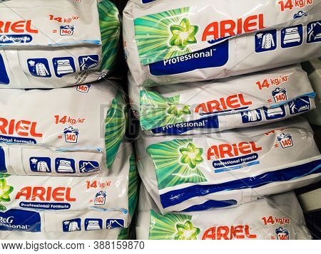 Belgrade, Serbia - September 20, 2020: Logo Of Ariel Laundry Detergent On Powder Bags For Sale. Part