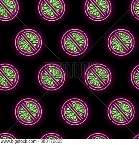 Seamless Pattern With Neon Stop Coronavirus Icons On Black Background. Carantine, Vaccine, Isolation