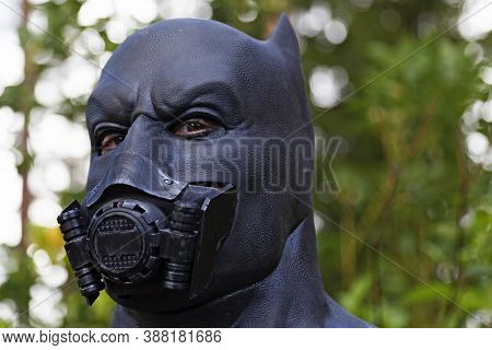 Umea, Norrland Sweden - September 5, 2020: Batman With Breathing Mask In The Forest