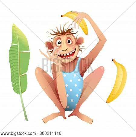 Monkey Chimp Sitting With Crazy Mimicking Facial Expression. Funky Chimpanzee Animal Mascot Isolated