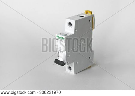 Kharkov, Ukraine - September 22, 2020 : Schneider Electric Circuit Breakers On White Background. Sch