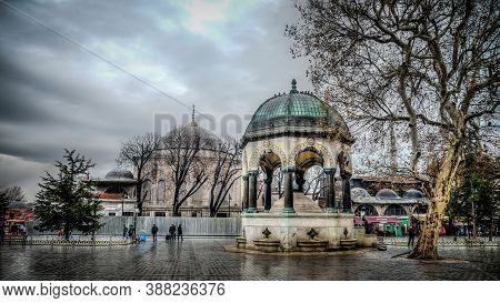 Istanbul, Turkey - January 2013: German Fountain Alman Cesmesi On A Rainy Day In Sultanahmet Square,
