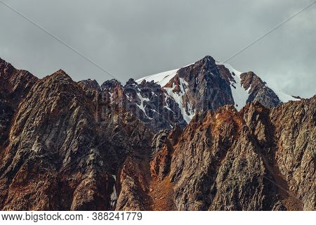 Awesome View To Giant Glacier On Great Pointed Rock Behind Beautiful Mountain Wall With Sharp Stones
