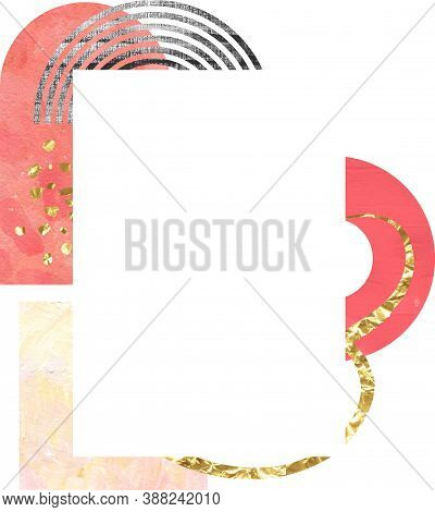 Acrylic Watercolor Hand Painted Poster, Card, Template Trendy Pink Burnt Coral And Golden Foil. Whit