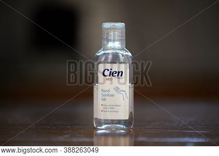 Budapest, Hungary - Circa 2020: Alcoholic hand sanitizer gel in a small bottle