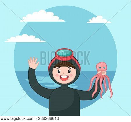 Diver Isolated Icon Portrait Of Diver In Diving Mask Holding Octopus At Background Of Sea And Sky, U