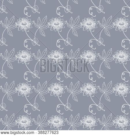 Seamless Pattern With Outline Tropical Passiflora Or Passionflower, On The Grey Background. Floral V