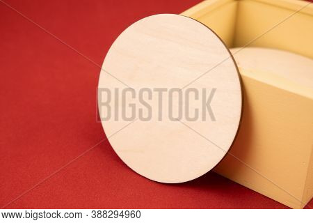 Wooden Box Decorative Holidays Object For Gift Soft Focus Textured Surface On Red Background Empty C