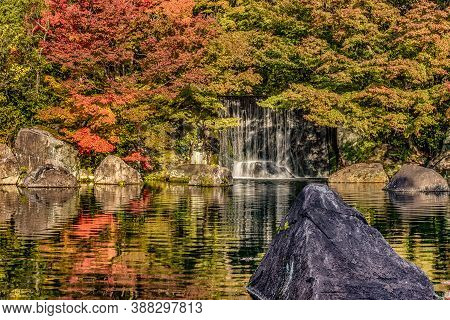 Beautiful Kokoen Garden During Autumn Foliage Season In Himeji City, Hyogo Prefecture Of Japan