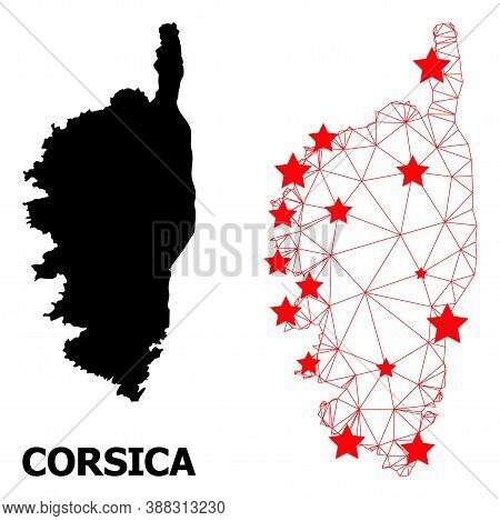 Wire Frame Polygonal And Solid Map Of Corsica. Vector Model Is Created From Map Of Corsica With Red 