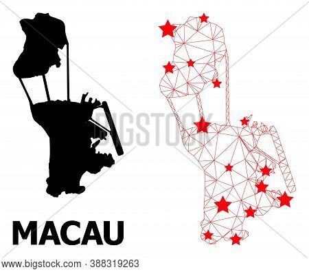 Mesh Polygonal And Solid Map Of Macau. Vector Structure Is Created From Map Of Macau With Red Stars.