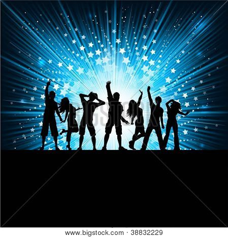 Bir Yıldız Yağmuru arka planda dans insan siluetleri