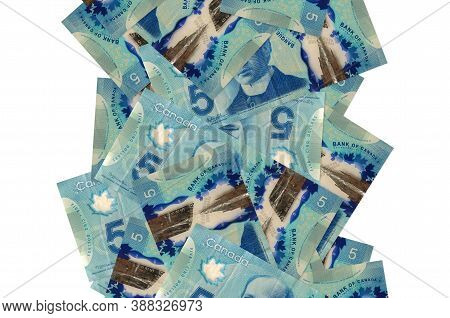5 Canadian Dollars Bills Flying Down Isolated On White. Many Banknotes Falling With White Copyspace 