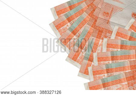 3 Cuban Pesos Convertibles Bills Lies Isolated On White Background With Copy Space. Rich Life Concep