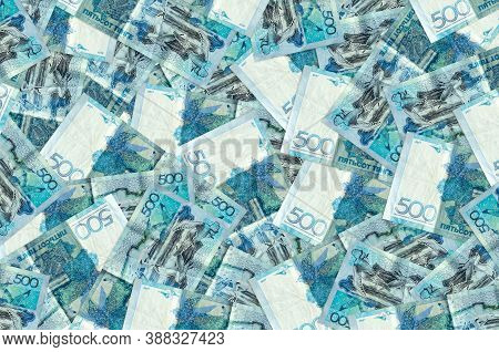 500 Kazakhstani Tenge Bills Lies In Big Pile. Rich Life Conceptual Background