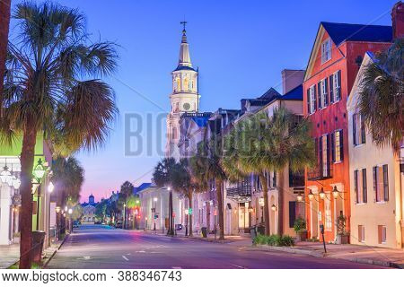 Charleston, South Carolina, USA in the French Quarter at twilight.