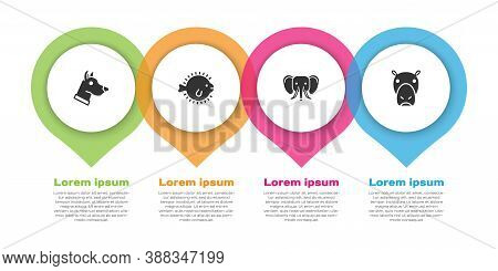 Set Dog Head, Puffer Fish, Elephant And Hippo Or Hippopotamus. Business Infographic Template. Vector