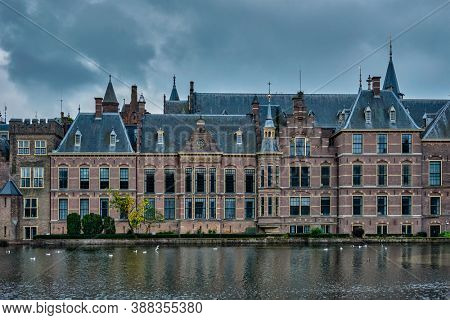 View of the Binnenhof House of Parliament and the Hofvijver lake. The Hague, Netherlands