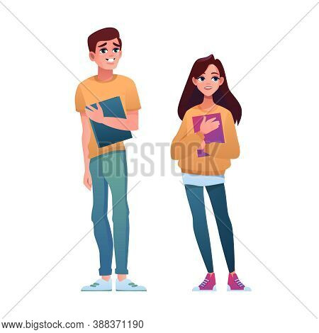 Youth Period High School Students Isolated Teenager Boy And Girl. Vector College Juniours, Young Mal
