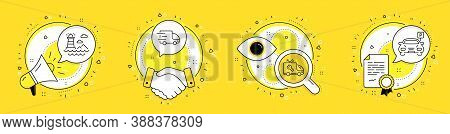 Lighthouse, Car Service And Truck Delivery Line Icons Set. Megaphone, Licence And Deal Vector Icons.