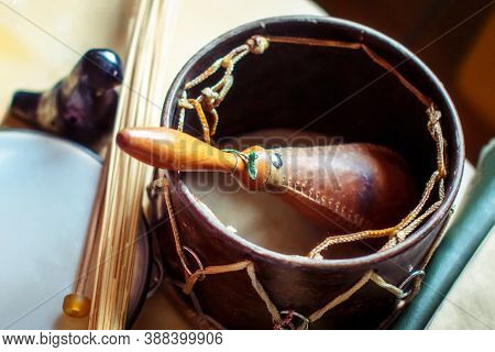 The Composition Of Musical Instruments-maracas, Ocarina, Tambourine And Ethnic Drum. Percussion And 