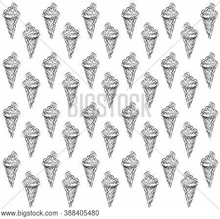 Black And White Vector Illustration. Pattern From Ice Cream In A Cone. Quick Sketch In A Comic Style