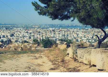 View Of The Capital Of Tunisia Near The Sea Bay. Byrsa Hill, Carthage Background