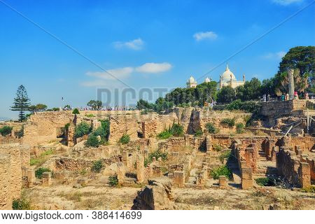 Archaeological Park Of Carthage In Tunisia And Saint Louis Cathedral Is A Catholic Church Background