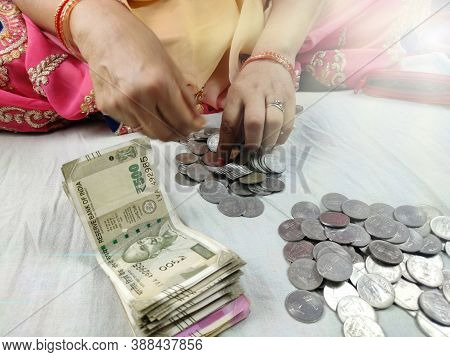 Woman Hands Counting Money Bank Notes Rupees Closeup , Indian Woman In Saari Wealth And Investment C