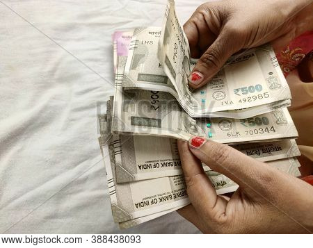 Woman Hands Counting Money Bank Notes Rupees Closeup , Indian Woman In Saari Wealth And Investment C