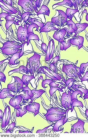 Silhouettes, Buds And Leaves Of Lily Flowers. Spring Gentle Wavy Seamless Pattern Drawn By Hand On L