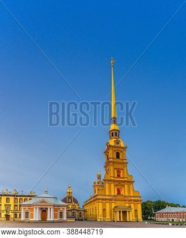Saints Peter And Paul Cathedral Orthodox Church With Golden Spire In Peter And Paul Fortress Citadel