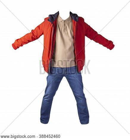 Red Jacket, Beige Shirt And Blue Jeans Isolated On White Background. Casual Fashion Clothes