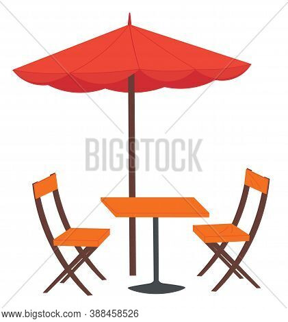 Cafe And Garden Furniture Wooden Table, Chair, Red Umbrella Isolated On A White Background. Summer O
