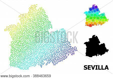 Pixelated Rainbow Gradient, And Monochrome Map Of Sevilla Province, And Black Title. Vector Model Is