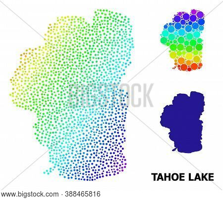 Dot Rainbow Gradient, And Solid Map Of Tahoe Lake, And Black Text. Vector Structure Is Created From 
