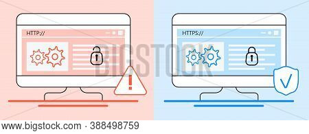 Http And Https Protocols Difference Concept Vector. Cyber Safe, Security For Website, App Are Shown.
