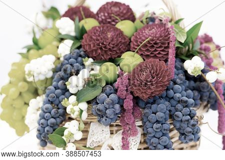 Beautiful Decoration Floral Composition Or Bouquet Of Seasonal Fruits Green Apples And Grapes With P