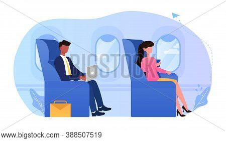 Businessman Sitting In Comfortable Airplane Seat And Working On Laptop On His Lap, Woman Drinking Be
