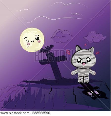 Mummy Kawaii In A Cemetery. Halloween Cartoon - Vector