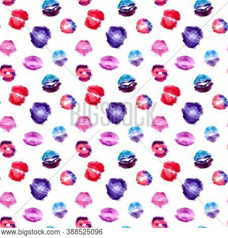 Watercolor Hand Painted Isolated Purple, Pink, Blue Kisses On White Background Seamless Pattern.