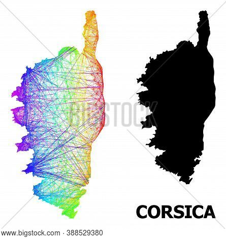 Wire Frame And Solid Map Of Corsica. Vector Model Is Created From Map Of Corsica With Intersected Ra