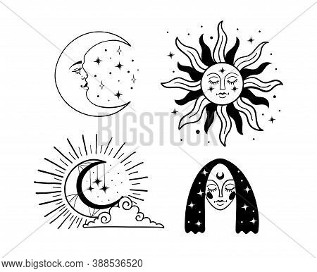 Set Of Beautiful Mystical Elements In Boho Style, Sun And Crescent With A Face, The Moon, A Female F