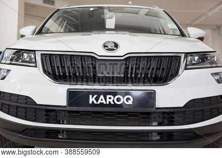 Russia, Izhevsk - September 25, 2020: New Karoq Car In The Skoda Showroom. Front View. Volkswagen Au