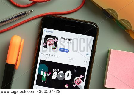 New York, Usa - 29 September 2020: Toca Boo Mobile App Logo On Phone Screen Close Up, Illustrative E