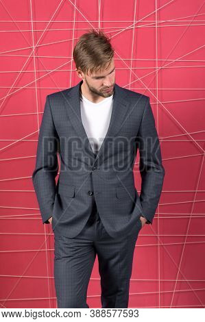 Man Well Groomed Manager Wear Elegant Formal Suit Pink Background. Manager Dress Code. Confident Wea